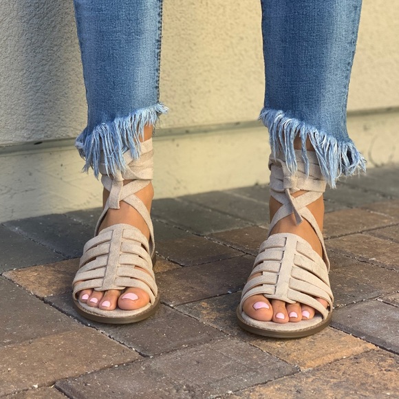 Taupe Ankle Wrap Gladiator Style Woven Sandals - Picture 6 of 7